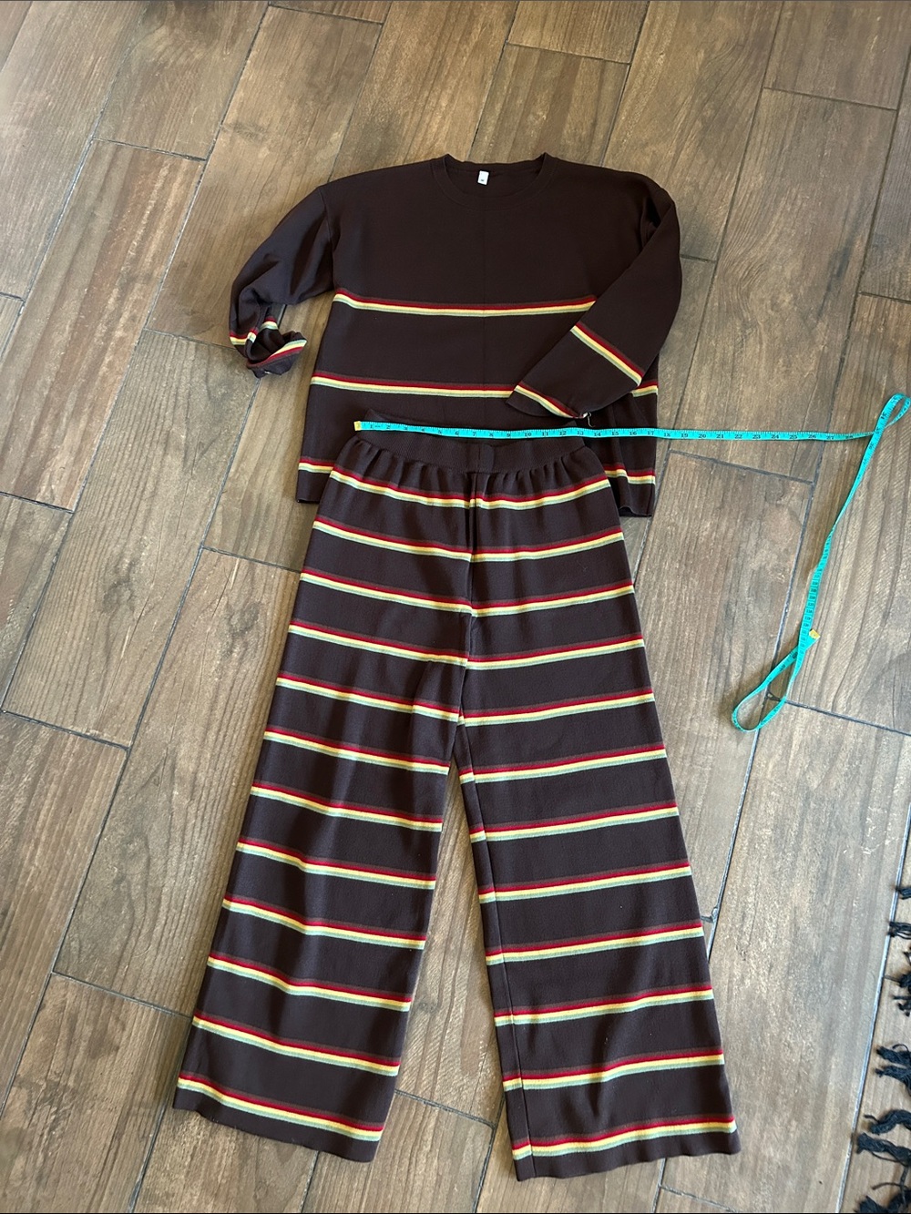 Striped Two-Piece Lounge Set in Chocolate Brown with Red, Yellow & Green Stripes